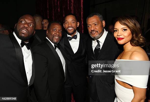 Actors Omar J. Dorsey, Wendell Pierce, Will Smith, Laurence Fishburne and Carmen Ejogo attend the 46th NAACP Image Awards presented by TV One at...