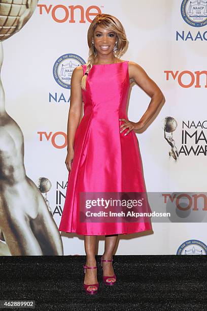Actress Elise Neal poses in the press room during the 46th NAACP Image Awards presented by TV One at Pasadena Civic Auditorium on February 6, 2015 in...
