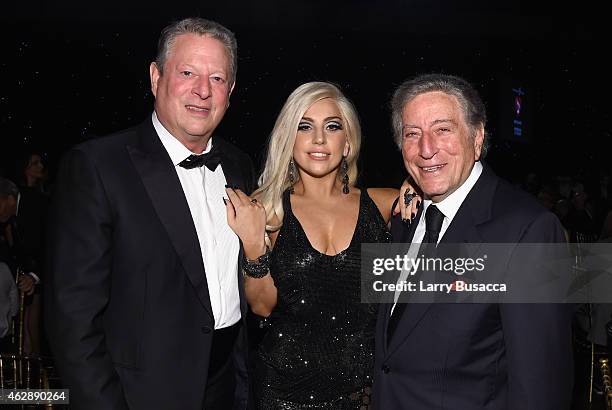 Former Vice President Al Gore, singers Lady Gaga and Tony Bennett attend the 25th anniversary MusiCares 2015 Person Of The Year Gala honoring Bob...