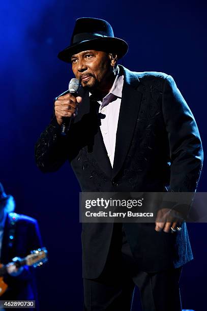 Singer Aaron Neville performs onstage at the 25th anniversary MusiCares 2015 Person Of The Year Gala honoring Bob Dylan at the Los Angeles Convention...