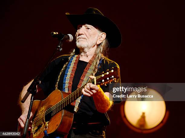 Musician Willie Nelson performs onstage at the 25th anniversary MusiCares 2015 Person Of The Year Gala honoring Bob Dylan at the Los Angeles...