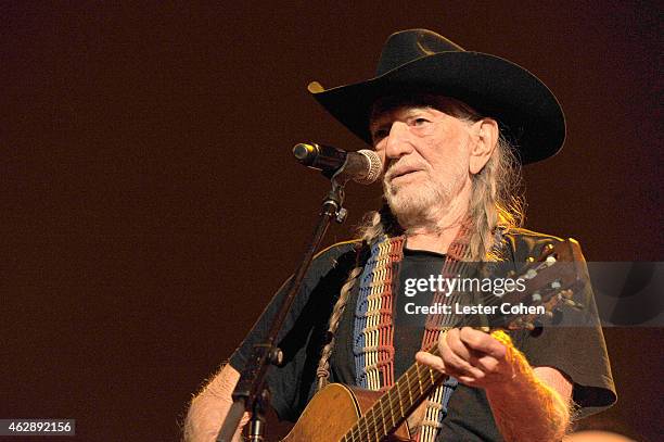 Singer Willie Nelson performs onstage at the 25th anniversary MusiCares 2015 Person Of The Year Gala honoring Bob Dylan at the Los Angeles Convention...