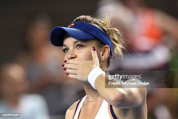 Agnieszka Radwanska of Poland celebrates winning her second round match against Olga Govortsova of Belarus during day four of the 2014 Australian...