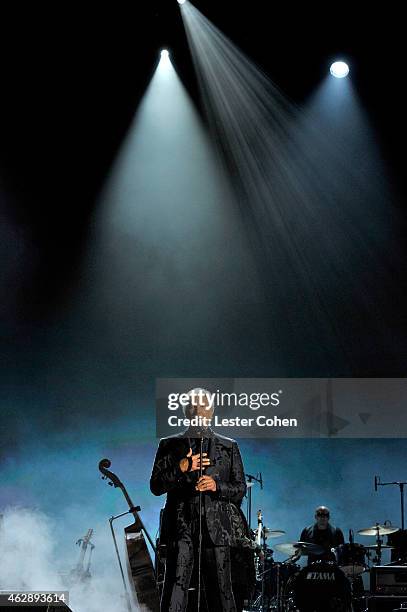 Singer Tom Jones performs onstage at the 25th anniversary MusiCares 2015 Person Of The Year Gala honoring Bob Dylan at the Los Angeles Convention...