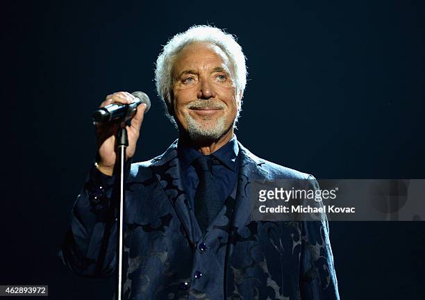 Singer Tom Jones performs onstage at the 25th anniversary MusiCares 2015 Person Of The Year Gala honoring Bob Dylan at the Los Angeles Convention...
