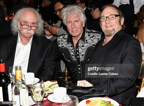 Musician David Crosby, Graham Nash and Stephen Stills attend the 25th anniversary MusiCares 2015 Person Of The Year Gala honoring Bob Dylan at the...