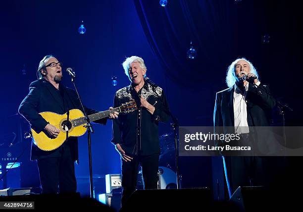 Musicians Stephen Stills, Graham Nash and David Crosby of Crosby, Stills & Nash perform onstage at the 25th anniversary MusiCares 2015 Person Of The...