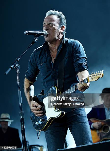 Musician Bruce Springsteen performs onstage at the 25th anniversary MusiCares 2015 Person Of The Year Gala honoring Bob Dylan at the Los Angeles...