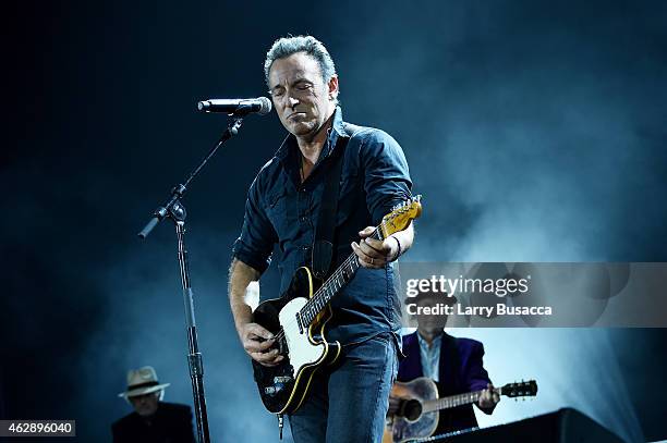 Musician Bruce Springsteen performs onstage at the 25th anniversary MusiCares 2015 Person Of The Year Gala honoring Bob Dylan at the Los Angeles...