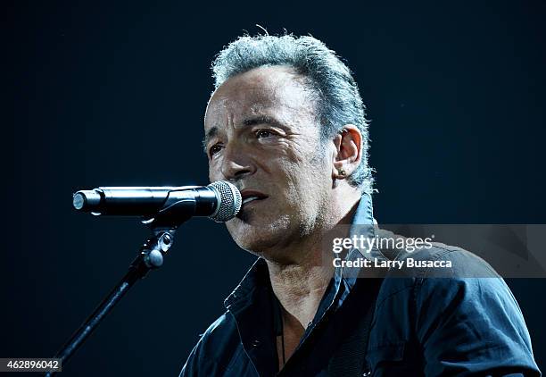 Musician Bruce Springsteen performs onstage at the 25th anniversary MusiCares 2015 Person Of The Year Gala honoring Bob Dylan at the Los Angeles...