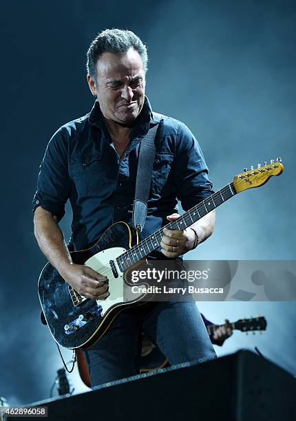 Musician Bruce Springsteen performs onstage at the 25th anniversary MusiCares 2015 Person Of The Year Gala honoring Bob Dylan at the Los Angeles...