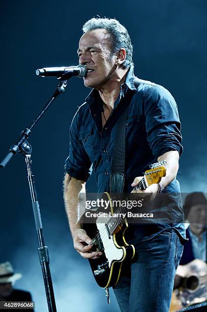 Musician Bruce Springsteen performs onstage at the 25th anniversary MusiCares 2015 Person Of The Year Gala honoring Bob Dylan at the Los Angeles...