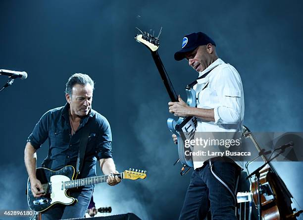 Musicians Bruce Springsteen and Tom Morello onstage at the 25th anniversary MusiCares 2015 Person Of The Year Gala honoring Bob Dylan at the Los...