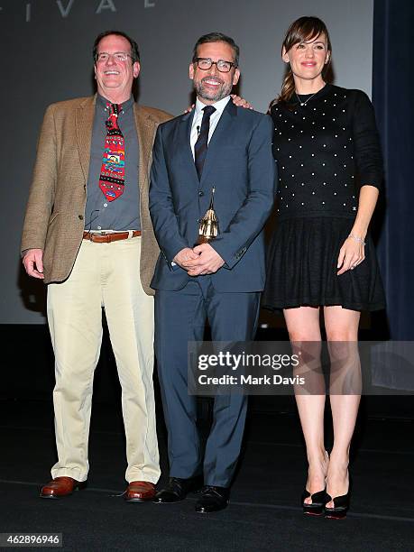 Moderator Pete Hammond, actor Steve Carell, and actress Jennifer Garner attend the 2015 Outstanding Performer of the Year Awardl at the 30th Santa...