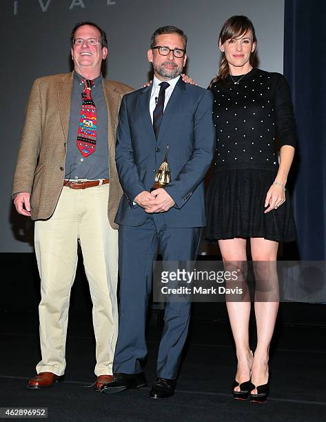 Moderator Pete Hammond, actor Steve Carell, and actress Jennifer Garner attend the 2015 Outstanding Performer of the Year Awardl at the 30th Santa...