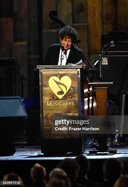 Honoree Bob Dylan speaks onstage at the 25th anniversary MusiCares 2015 Person Of The Year Gala honoring Bob Dylan at the Los Angeles Convention...