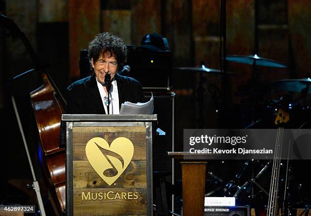 Honoree Bob Dylan speaks onstage at the 25th anniversary MusiCares 2015 Person Of The Year Gala honoring Bob Dylan at the Los Angeles Convention...