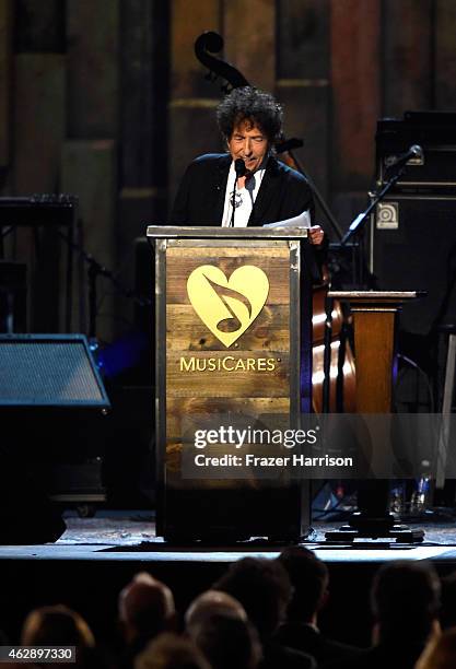 Honoree Bob Dylan speaks onstage at the 25th anniversary MusiCares 2015 Person Of The Year Gala honoring Bob Dylan at the Los Angeles Convention...