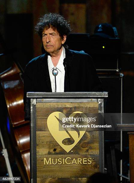 Honoree Bob Dylan speaks onstage at the 25th anniversary MusiCares 2015 Person Of The Year Gala honoring Bob Dylan at the Los Angeles Convention...