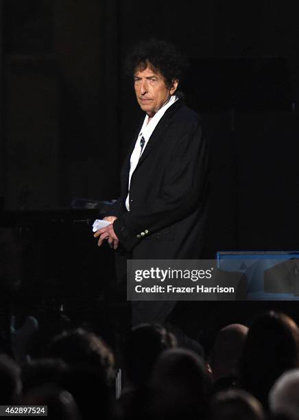 Honoree Bob Dylan appears onstage at the 25th anniversary MusiCares 2015 Person Of The Year Gala honoring Bob Dylan at the Los Angeles Convention...