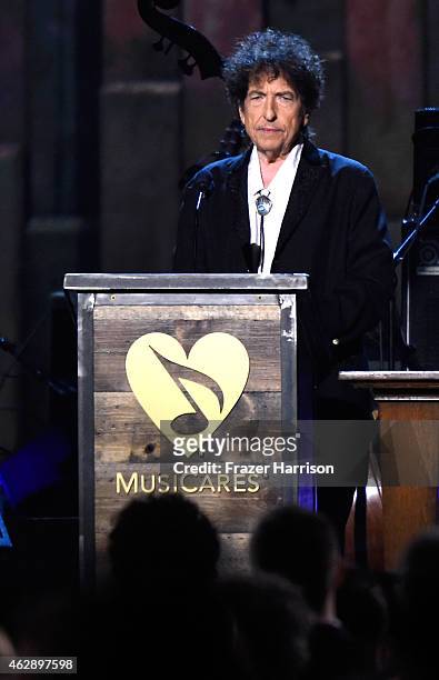 Honoree Bob Dylan appears onstage at the 25th anniversary MusiCares 2015 Person Of The Year Gala honoring Bob Dylan at the Los Angeles Convention...
