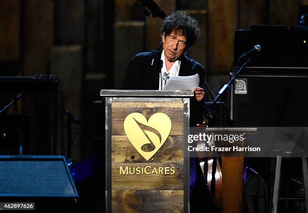 Honoree Bob Dylan speaks onstage at the 25th anniversary MusiCares 2015 Person Of The Year Gala honoring Bob Dylan at the Los Angeles Convention...