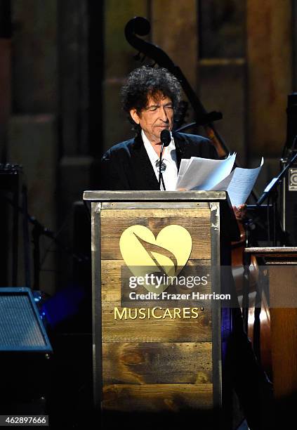 Honoree Bob Dylan speaks onstage at the 25th anniversary MusiCares 2015 Person Of The Year Gala honoring Bob Dylan at the Los Angeles Convention...