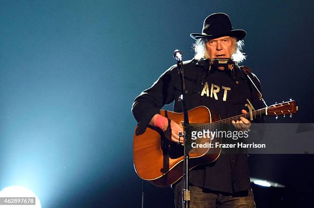 Singer Neil Young performs onstage at the 25th anniversary MusiCares 2015 Person Of The Year Gala honoring Bob Dylan at the Los Angeles Convention...