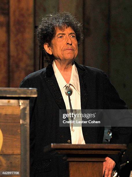 Honoree Bob Dylan speaks onstage at the 25th anniversary MusiCares 2015 Person Of The Year Gala honoring Bob Dylan at the Los Angeles Convention...