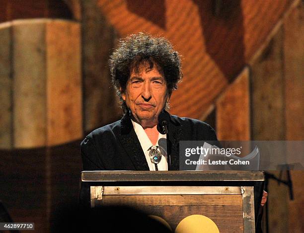 Honoree Bob Dylan speaks onstage at the 25th anniversary MusiCares 2015 Person Of The Year Gala honoring Bob Dylan at the Los Angeles Convention...