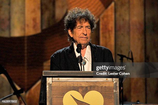 Honoree Bob Dylan speaks onstage at the 25th anniversary MusiCares 2015 Person Of The Year Gala honoring Bob Dylan at the Los Angeles Convention...