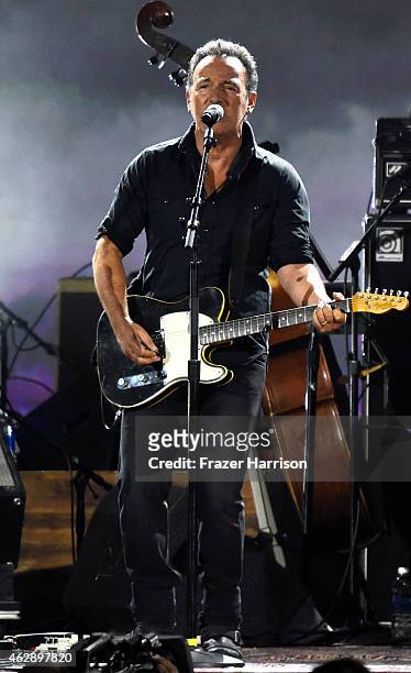 Singer Bruce Springsteen performs onstage at the 25th anniversary MusiCares 2015 Person Of The Year Gala honoring Bob Dylan at the Los Angeles...