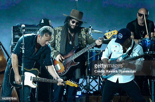 Musicians Bruce Springsteen and Tom Morello perform onstage at the 25th anniversary MusiCares 2015 Person Of The Year Gala honoring Bob Dylan at the...