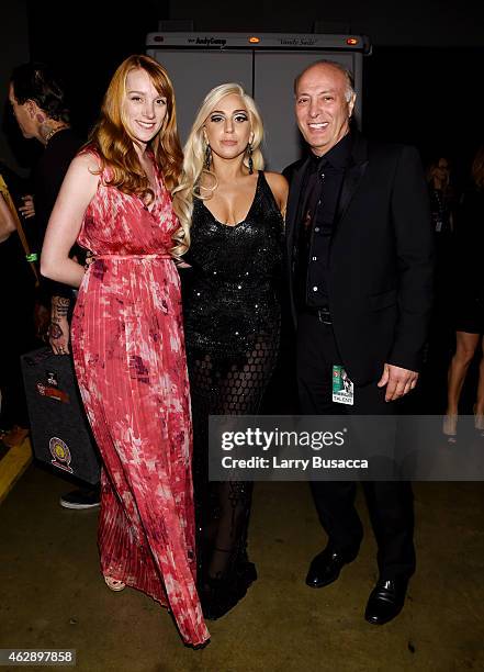 Hadley Spanier, singer Lady Gaga, and Danny Bennett attend the 25th anniversary MusiCares 2015 Person Of The Year Gala honoring Bob Dylan at the Los...