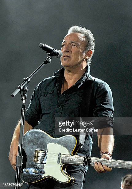 Musician Bruce Springsteen performs onstage at the 25th anniversary MusiCares 2015 Person Of The Year Gala honoring Bob Dylan at the Los Angeles...