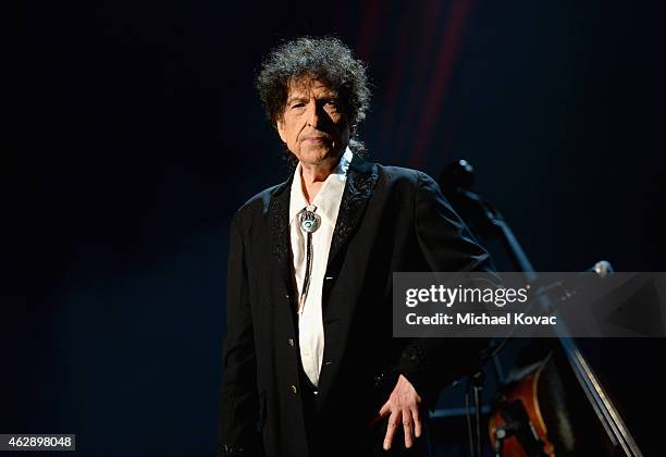 Honoree Bob Dylan speaks onstage at the 25th anniversary MusiCares 2015 Person Of The Year Gala honoring Bob Dylan at the Los Angeles Convention...