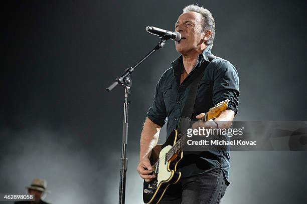 Musician Bruce Springsteen performs onstage at the 25th anniversary MusiCares 2015 Person Of The Year Gala honoring Bob Dylan at the Los Angeles...