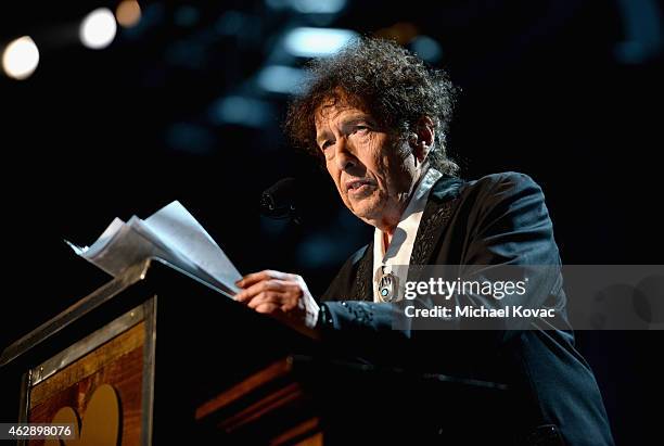 Honoree Bob Dylan speaks onstage at the 25th anniversary MusiCares 2015 Person Of The Year Gala honoring Bob Dylan at the Los Angeles Convention...