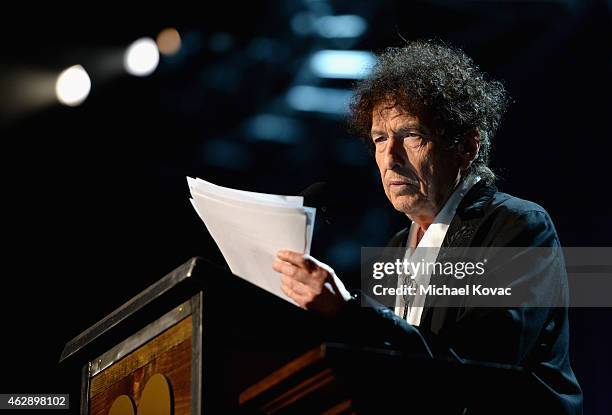 Honoree Bob Dylan speaks onstage at the 25th anniversary MusiCares 2015 Person Of The Year Gala honoring Bob Dylan at the Los Angeles Convention...