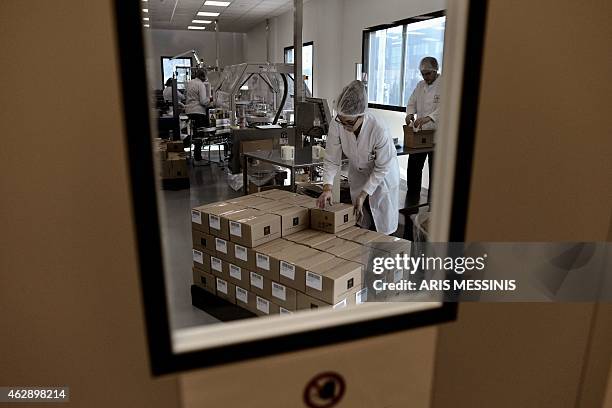 Employees of the Apivita ecological cosmetic company pack products at the company workshops in Markopoulo, south of Athens, on February 2, 2015....