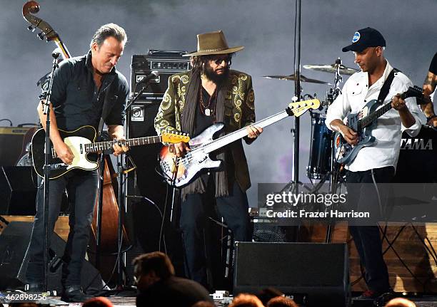 Singer Bruce Springsteen, musician Don Was and musician Tom Morello perform onstage at the 25th anniversary MusiCares 2015 Person Of The Year Gala...