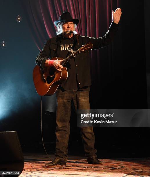 Neil Young performs onstage at the 25th anniversary MusiCares 2015 Person Of The Year Gala honoring Bob Dylan at the Los Angeles Convention Center on...