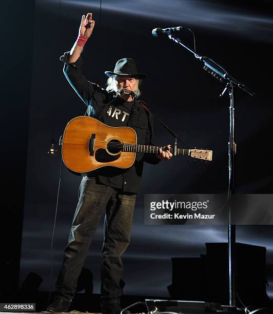 Neil Young performs onstage at the 25th anniversary MusiCares 2015 Person Of The Year Gala honoring Bob Dylan at the Los Angeles Convention Center on...
