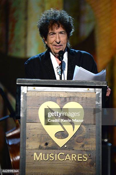 Bob Dylan speaks onstage at the 25th anniversary MusiCares 2015 Person Of The Year Gala honoring Bob Dylan at the Los Angeles Convention Center on...