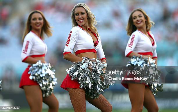 The Dragons cheerleaders perform during the 2015 Charity Shield NRL pre-season match between the South Sydney Rabbitohs and the St George Illawarra...