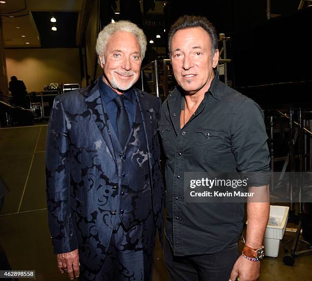 Tom Jones and Bruce Springsteen attend the 25th anniversary MusiCares 2015 Person Of The Year Gala honoring Bob Dylan at the Los Angeles Convention...