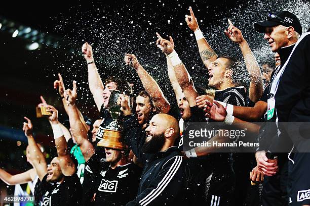 Forbes of new Zealand celebrates with his team after winning the Cup Final match between New Zealand and England in the 2015 Wellington Sevens at...