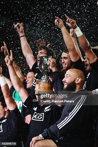 Forbes of new Zealand celebrates with his team after winning the Cup Final match between New Zealand and England in the 2015 Wellington Sevens at...