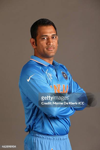 Mahendra Singh Dhoni poses during the India 2015 ICC Cricket World Cup Headshots Session at the Intercontinental on February 7, 2015 in Adelaide,...