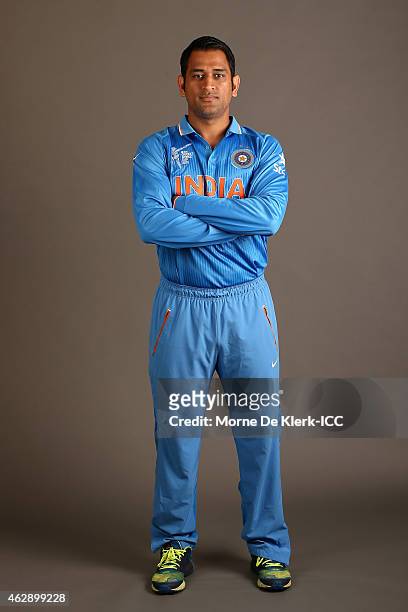 Dhoni poses during the India 2015 ICC Cricket World Cup Headshots Session at the Intercontinental on February 7, 2015 in Adelaide, Australia.